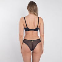 Samanta Perla Black Sheer Mesh Tulle Embroidered Tanga Panty