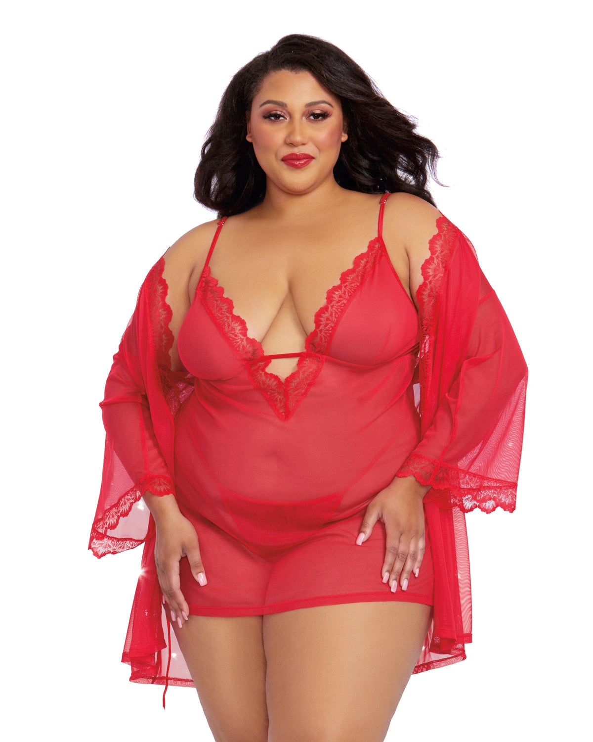 Dreamgirl Plus Size Stretch Mesh Chemise & Robe Set