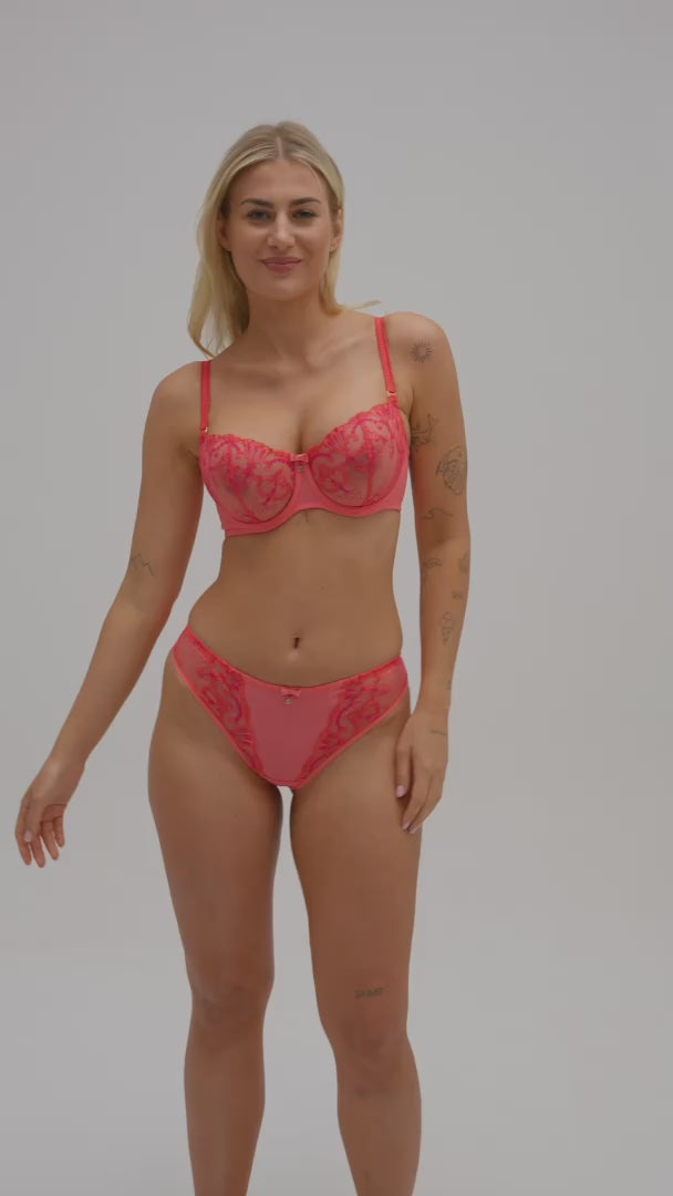 Front view of Sheer Mesh Balconette Bra Perla Coral with matching panties. Delicate embroidery and flattering fit for stylish lingerie lovers.