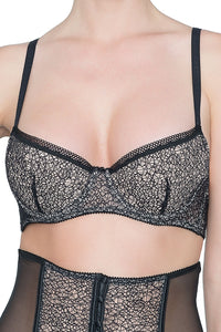 Front view of Padded Balcony Bra Addiction Provocante in black with lace overlay, underwire support, and demi cup design for enhanced cleavage.