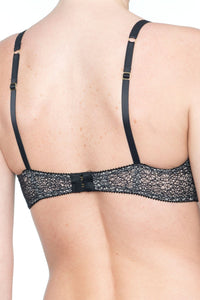 Provocante Mesh Demi Cup Bra in black with adjustable straps and hook closure, back view showing sheer lace design.