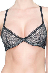 Sheer Mesh Demi Cut Bra - Provocante black nylon and spandex demi cup bra with underwire and lace detailing, front view.