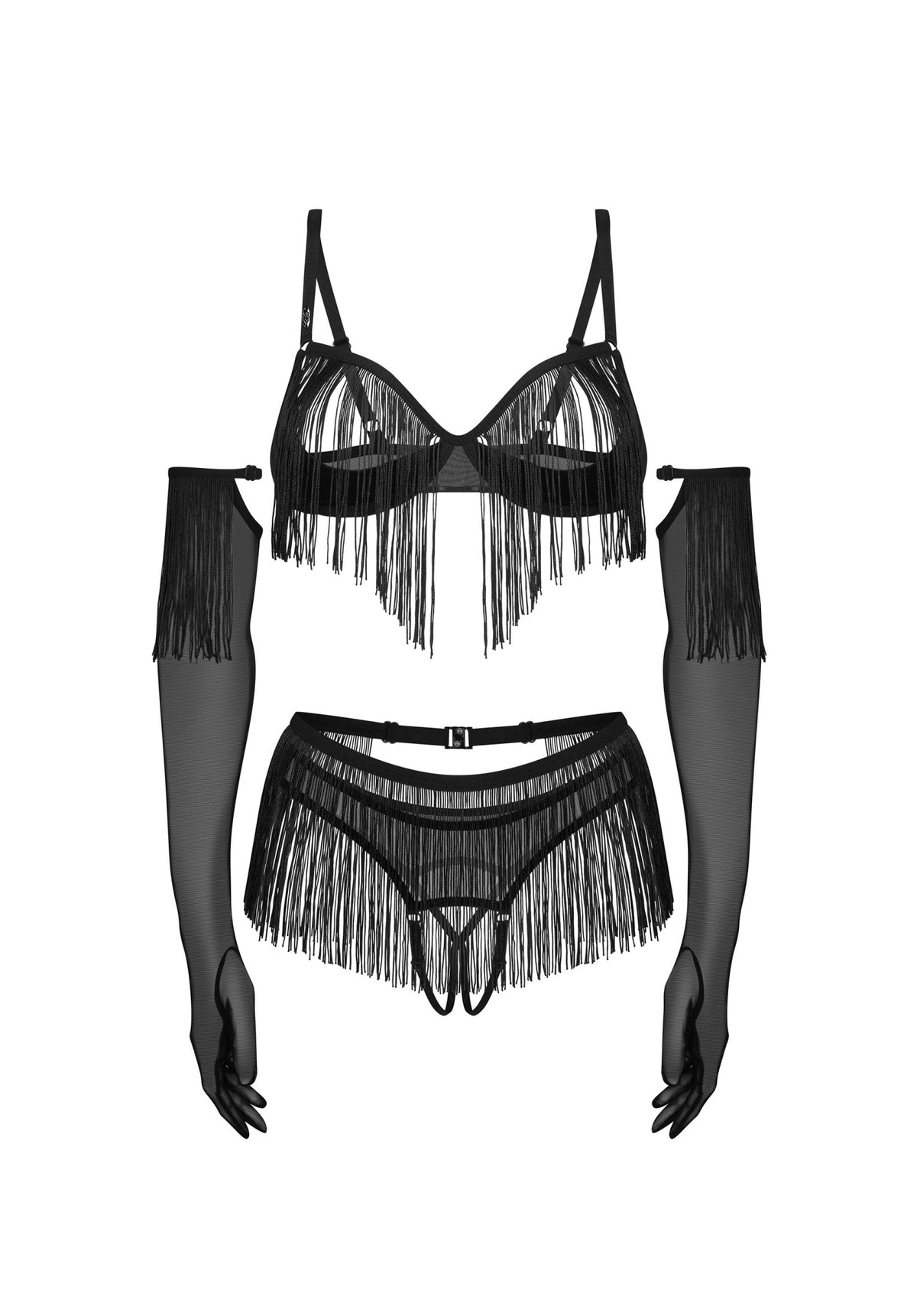 Black lingerie set with fringed open cup bra, matching thong, arm cuffs, and gloves, made of sheer mesh and elastic material for seductive wear.