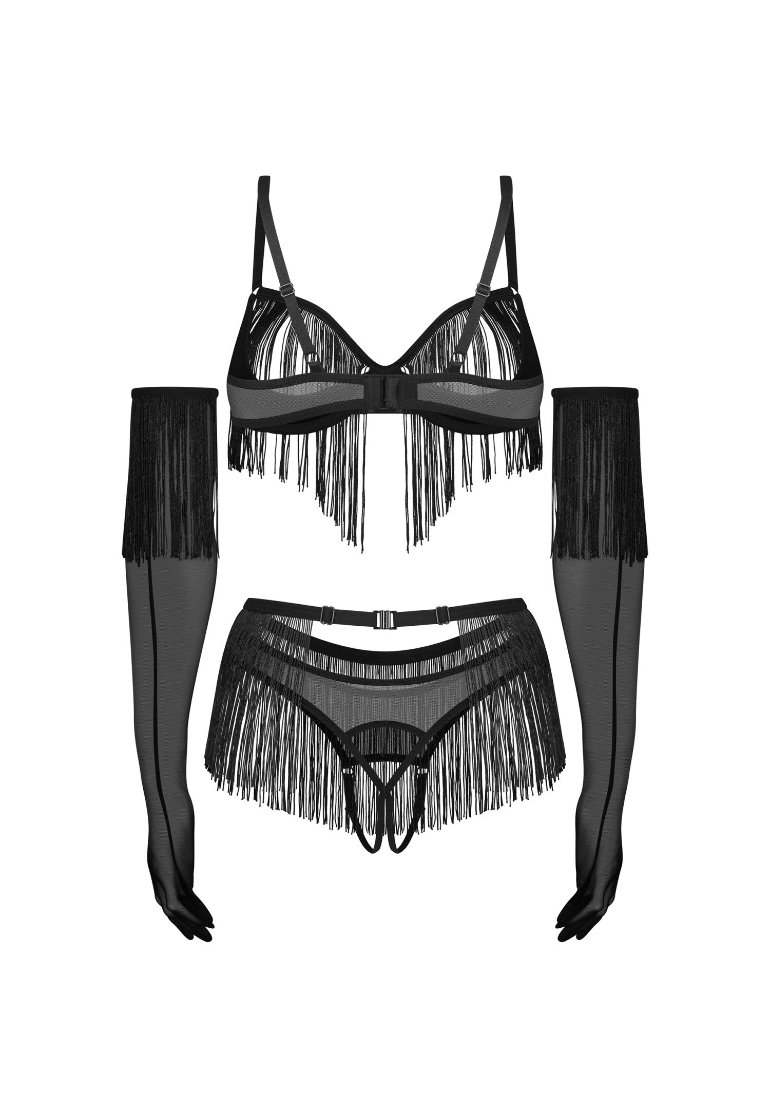 Obsessive Midnight Tease Rossay Black Open Cup Bra Crotchless Panties 4-pcs Set