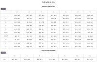 Samanta Lingerie size chart showing bra sizes from 32A to 44K and panty sizes from XS to XXL in inches for accurate lingerie fitting.