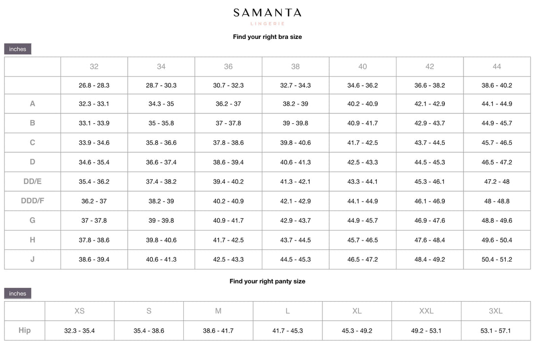 Samanta Lingerie size chart showing bra sizes from 32A to 44K and panty sizes from XS to XXL in inches for accurate lingerie fitting.