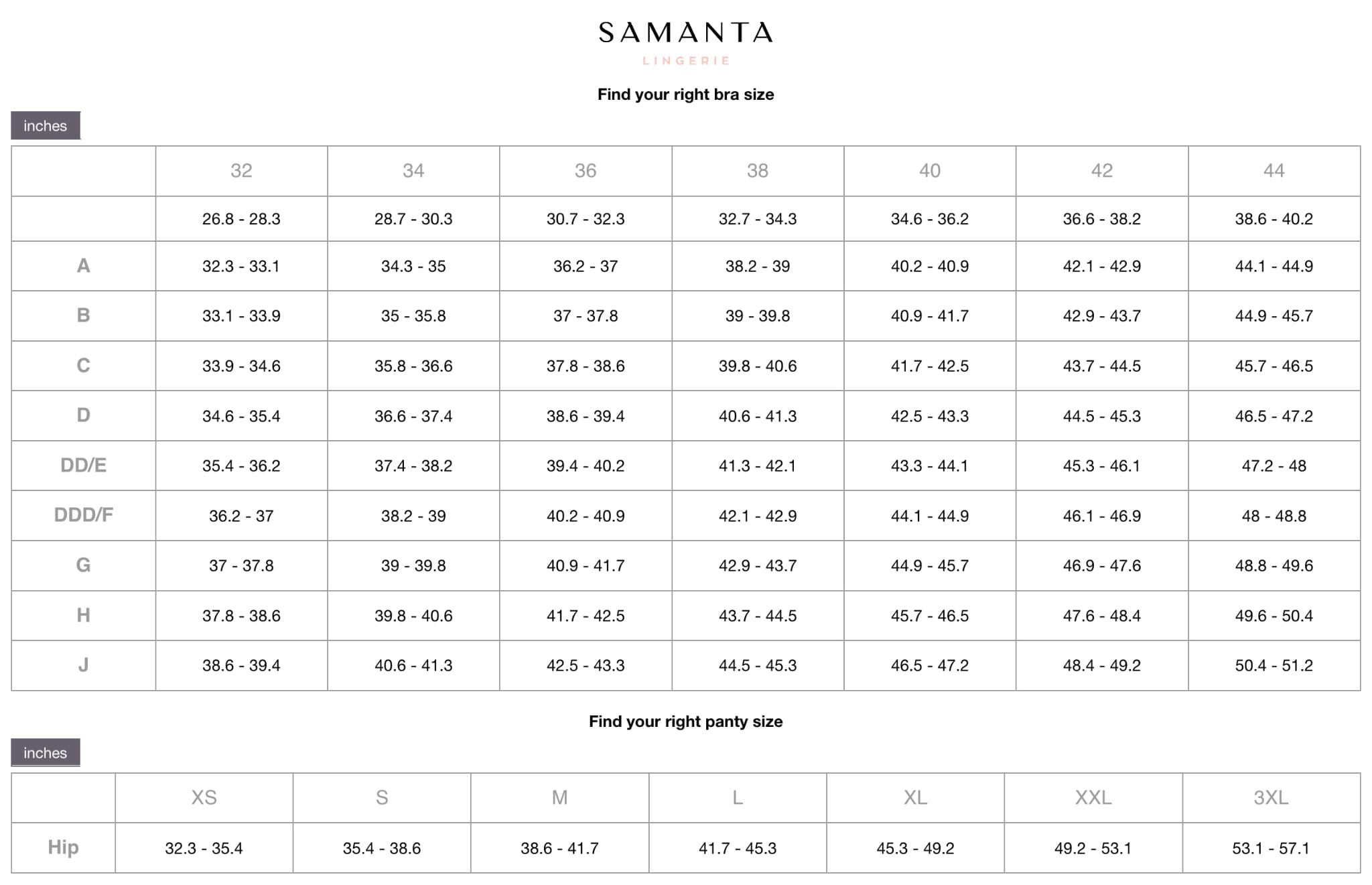 Samanta Lingerie size chart showing bra sizes from 32A to 44K and panty sizes from XS to XXL in inches for accurate lingerie fitting.