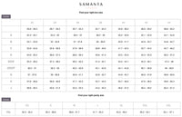 Samanta Lingerie size chart showing bra sizes from 32A to 44K and panty sizes from XS to XXL in inches for accurate lingerie fitting.