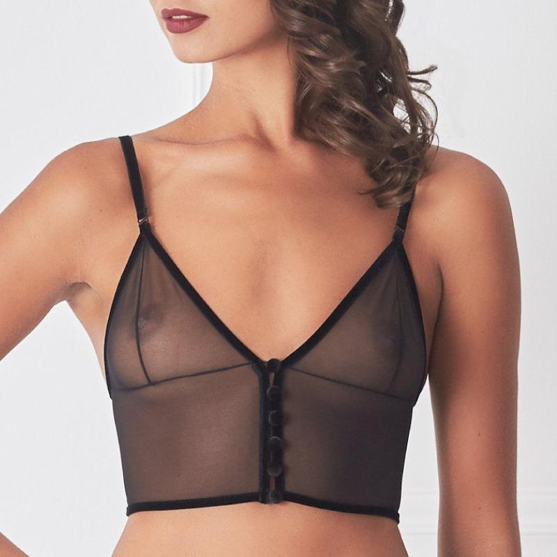 Close-up of the Amoralle sheer bralette with velvet button details and delicate mesh fabric. Part of the hand-made sheer mesh lingerie set.