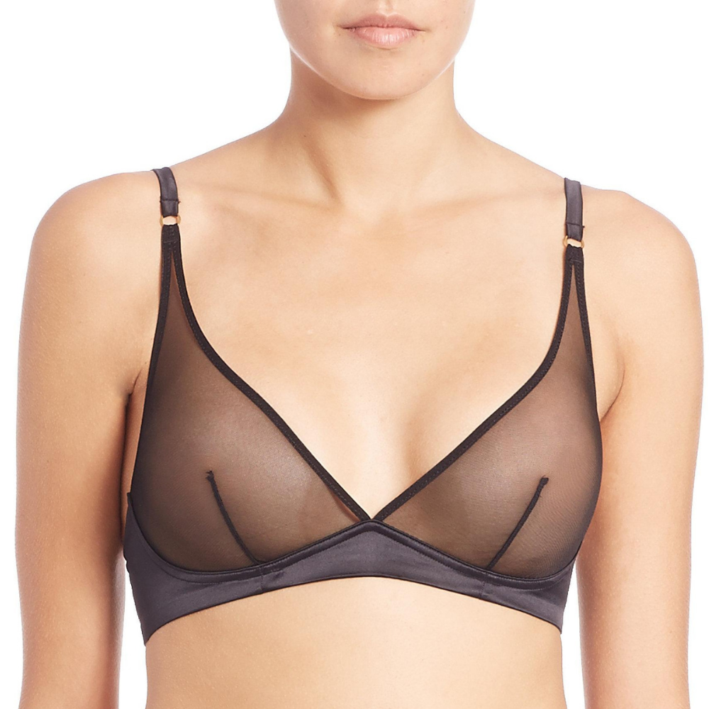 Addiction Nouvelle Lingerie Glamour GL01 sheer triangle wireless bra featuring smooth black band, sheer mesh cups, and minimalist design.