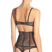 Rear angle of Sheer Mesh Corset Garter Belt Addiction Provocante styled with matching lingerie, highlighting mesh and lace design.