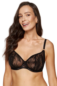 Sheer Mesh Plunge Bra Gorteks Mare in black with palm tree embroidery, underwired demi cups and adjustable straps from Lavinia Lingerie.