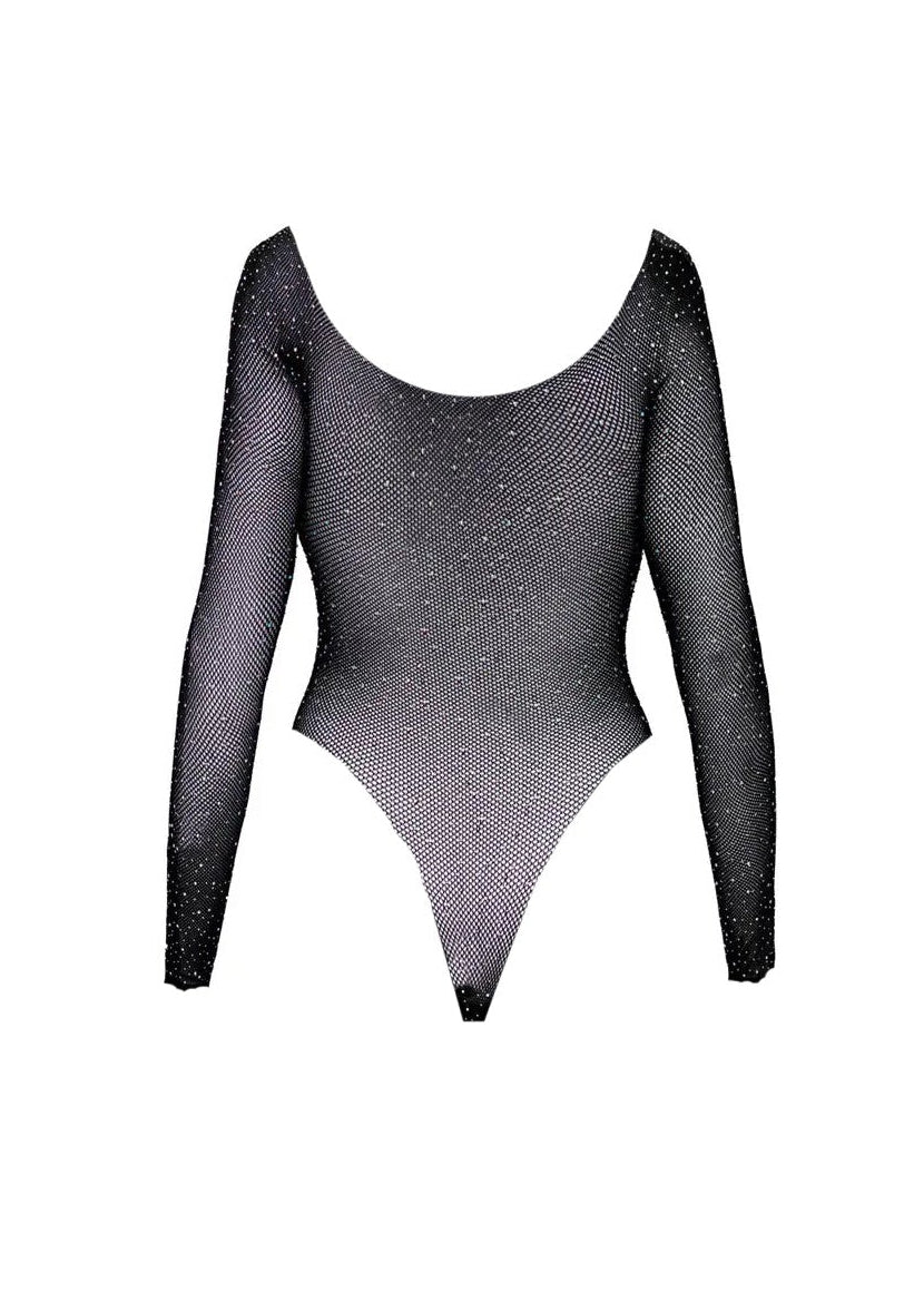 Black long-sleeve teddy with shiny jewel embellishments, elastic mesh material, and a high-cut design, SKU: OB11561-BK-OS