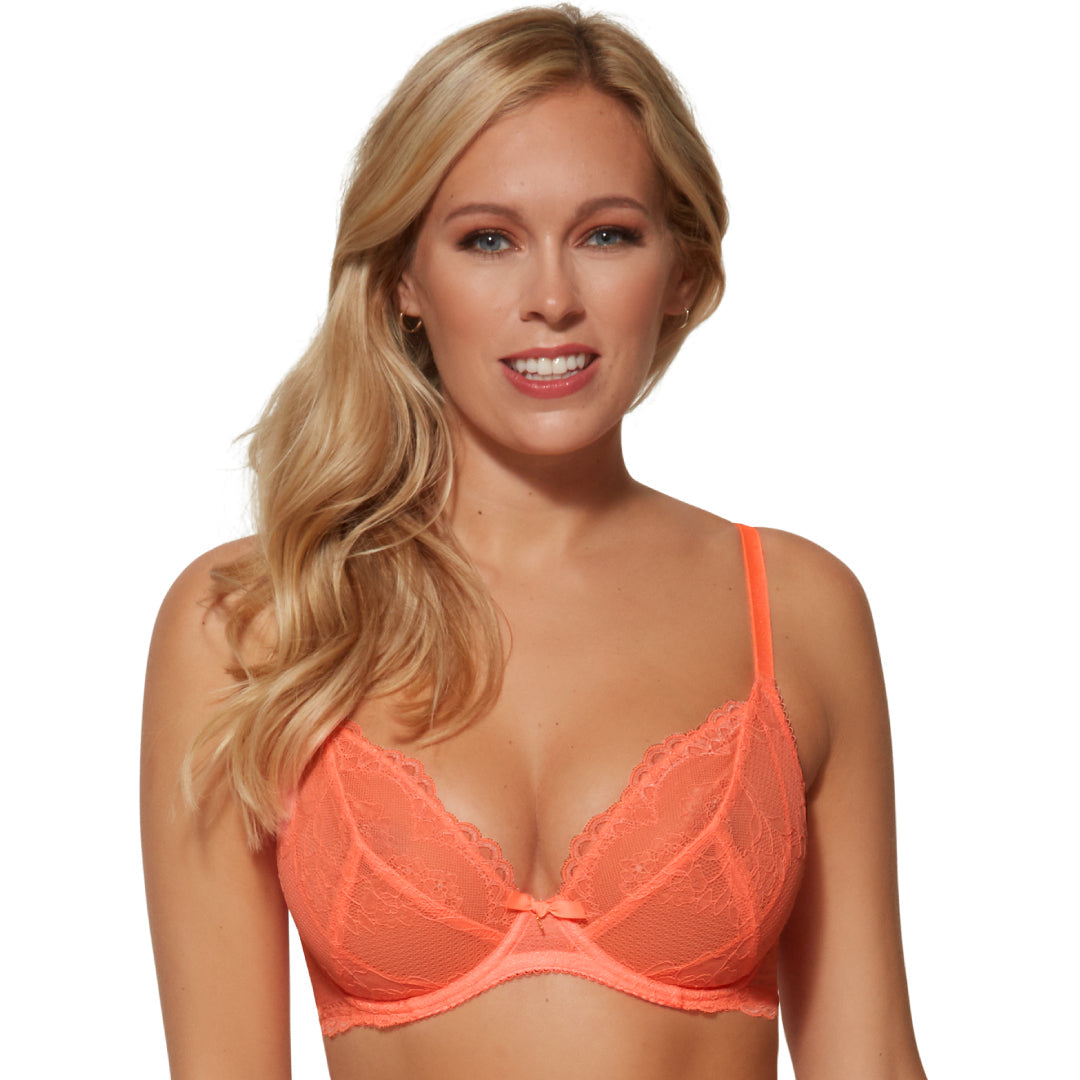 Sheer Lace Plunge Bra Gossard Superboost Neon Coral @ Lavinia Lingerie 38D