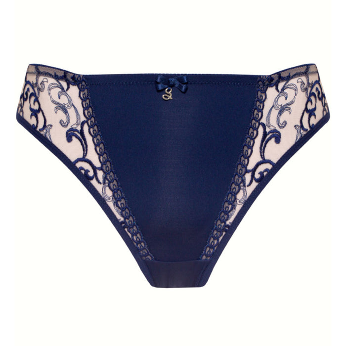Soft Sheer Mesh Tulle Embroidered Tanga Panty Hazel Navy BLUE
