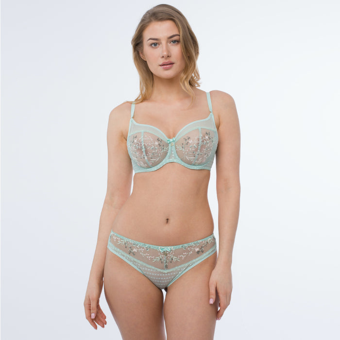 Sexy Sheer Lace Bra, Sheer Mesh Tulle Embroidered Tanga Panty Juno Green Lingerie Set