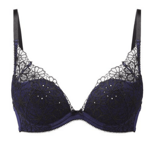 Floral Lace Padded Push-Up Plunge Bra, Blue