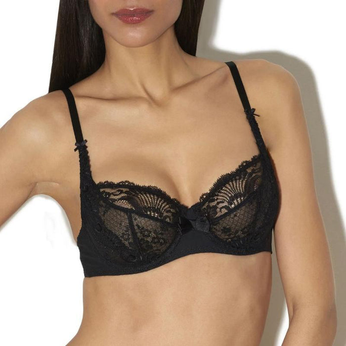 Black underwired balconette bra with Leavers lace trim