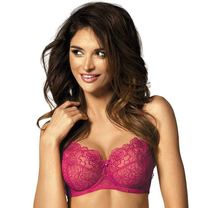 Ribbon Writing Unlined Lace Balconette Bra in Pink & Red