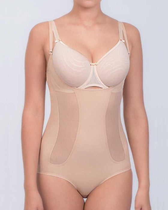 LowProfile Shapewear for Women Tummy Control Bodysuit Thong Thong Slimming  With Built In Bra Deep V Body Shaper Beige XL