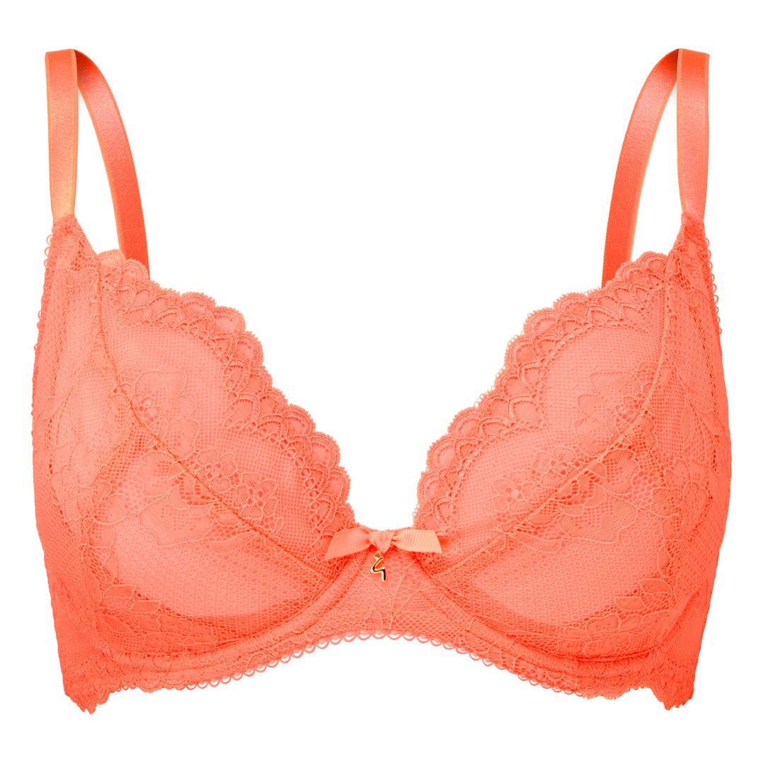 Sheer Lace Plunge Bra Gossard Superboost Neon Coral Lavinia Lingerie 